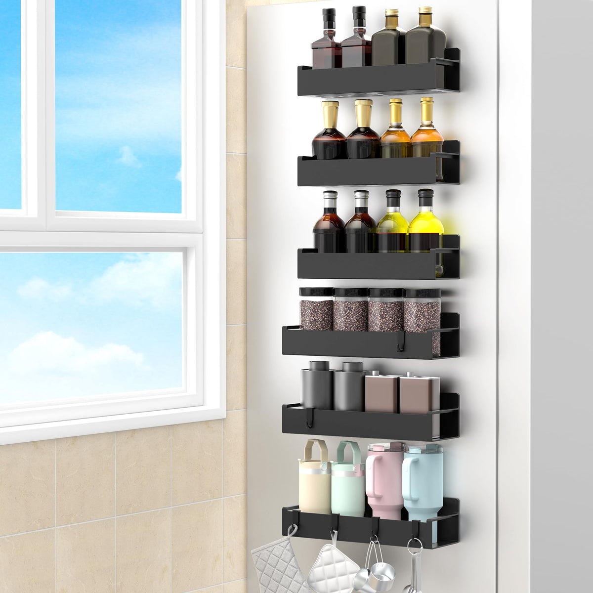HuggieGems magnetic spice rack on fridge side for easy access while cooking