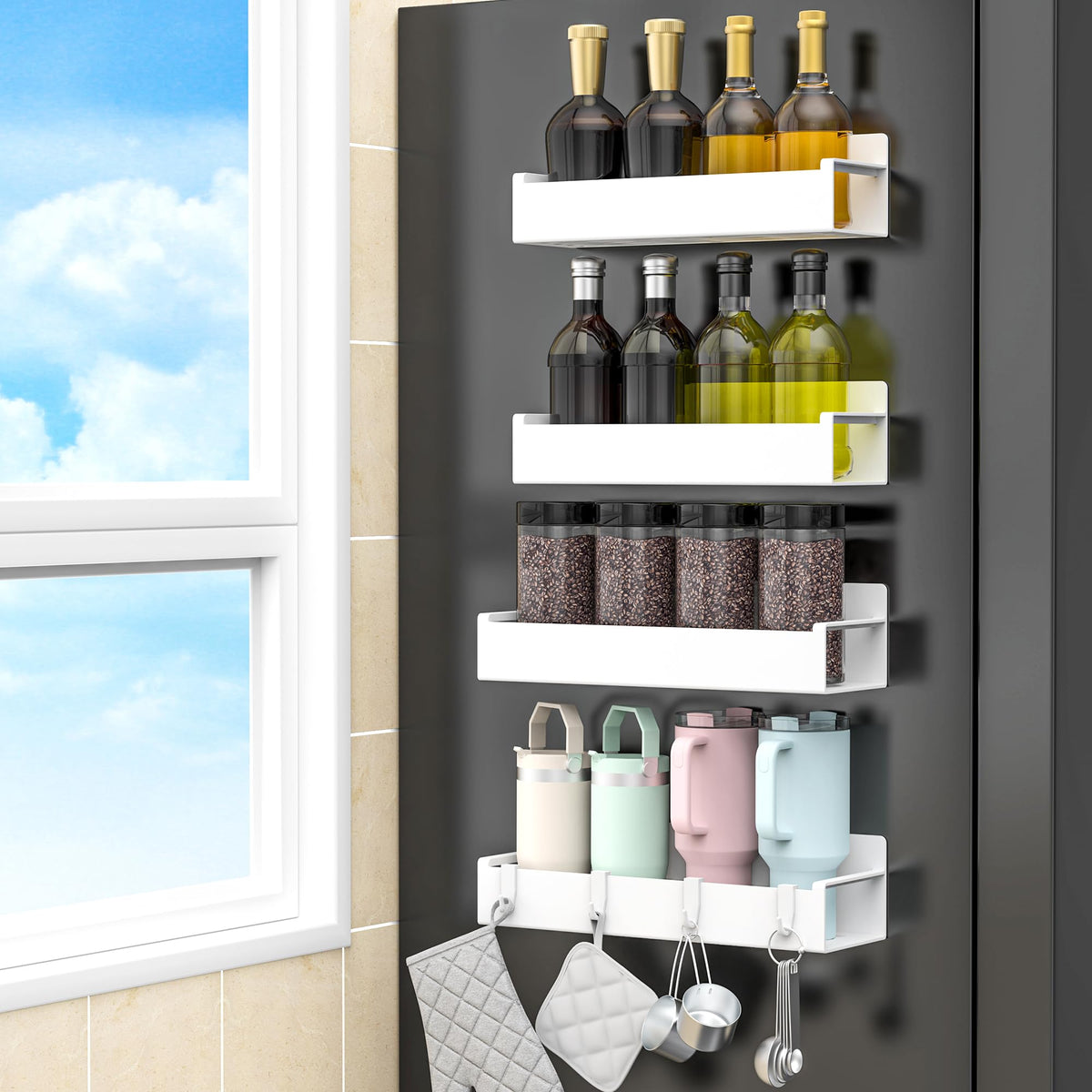 HuggieGems magnetic spice rack front view with a strong magnet for space saving.