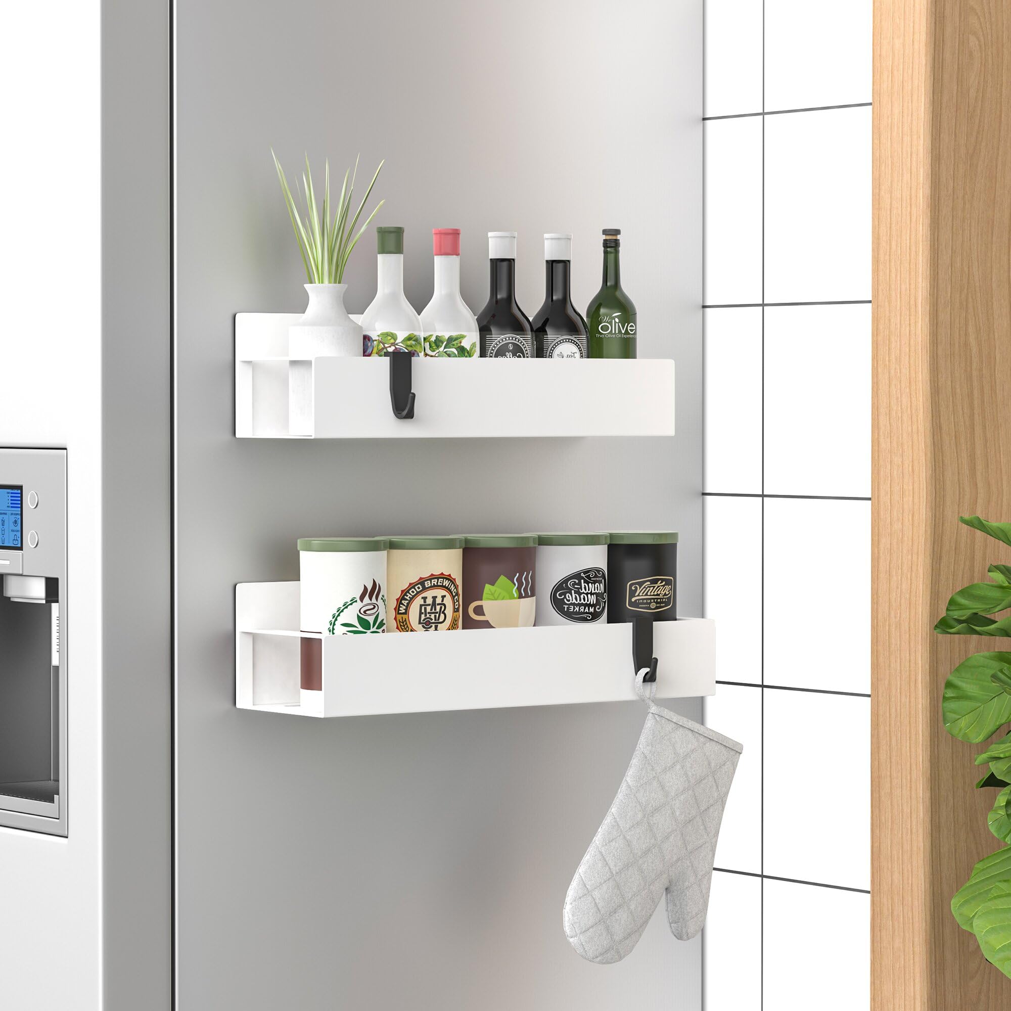 HuggieGems magnetic spice rack on refrigerator side for easy access and space saving.