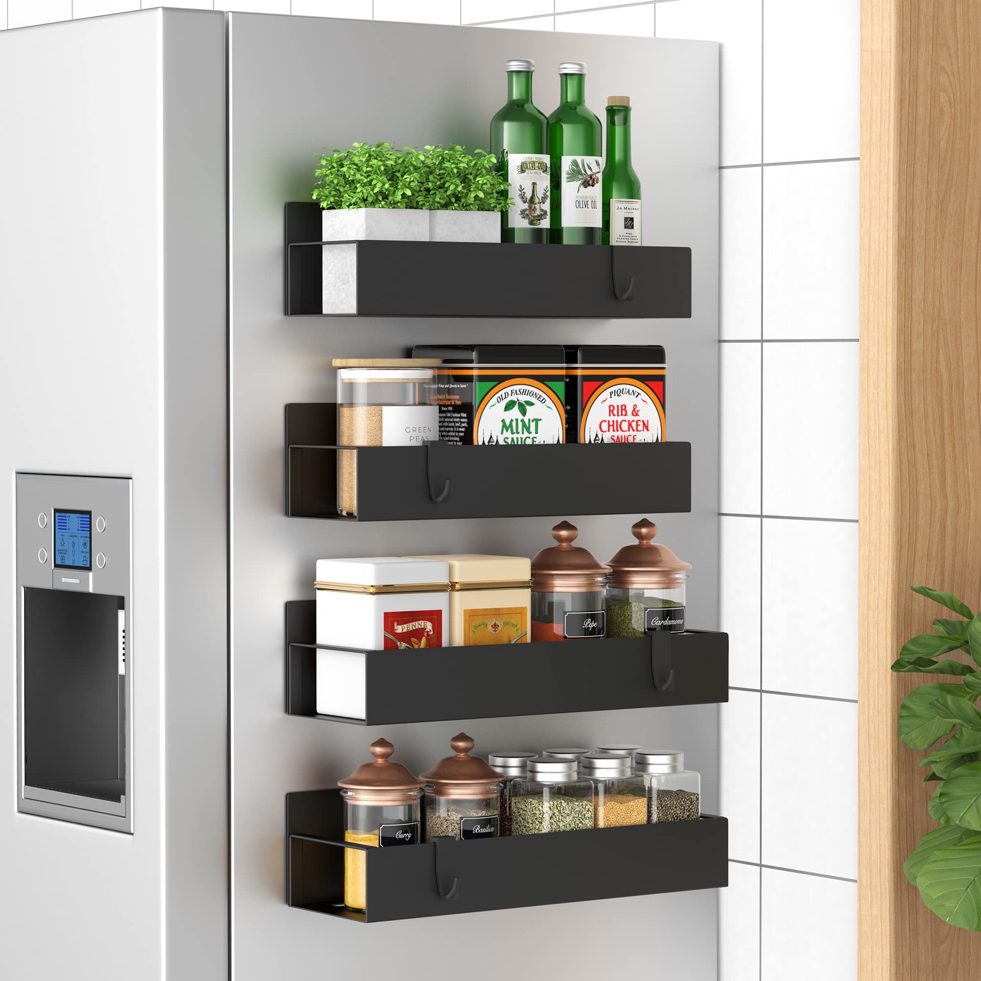 HuggieGems magnetic spice rack on fridge side keeps spices within easy reach.