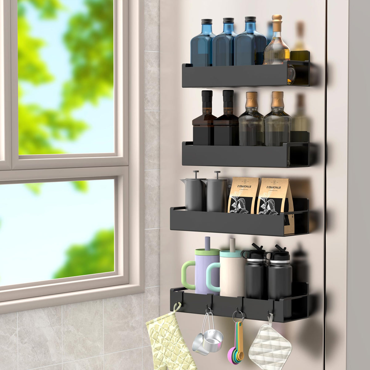 HuggieGems magnetic spice rack on fridge side offers secure, easy access for jars.