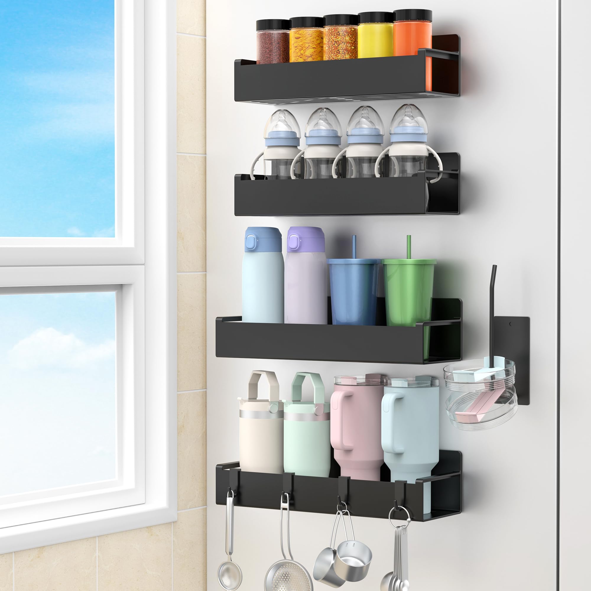 HuggieGems magnetic water bottle holder on fridge keeps bottles secure and easily accessible.