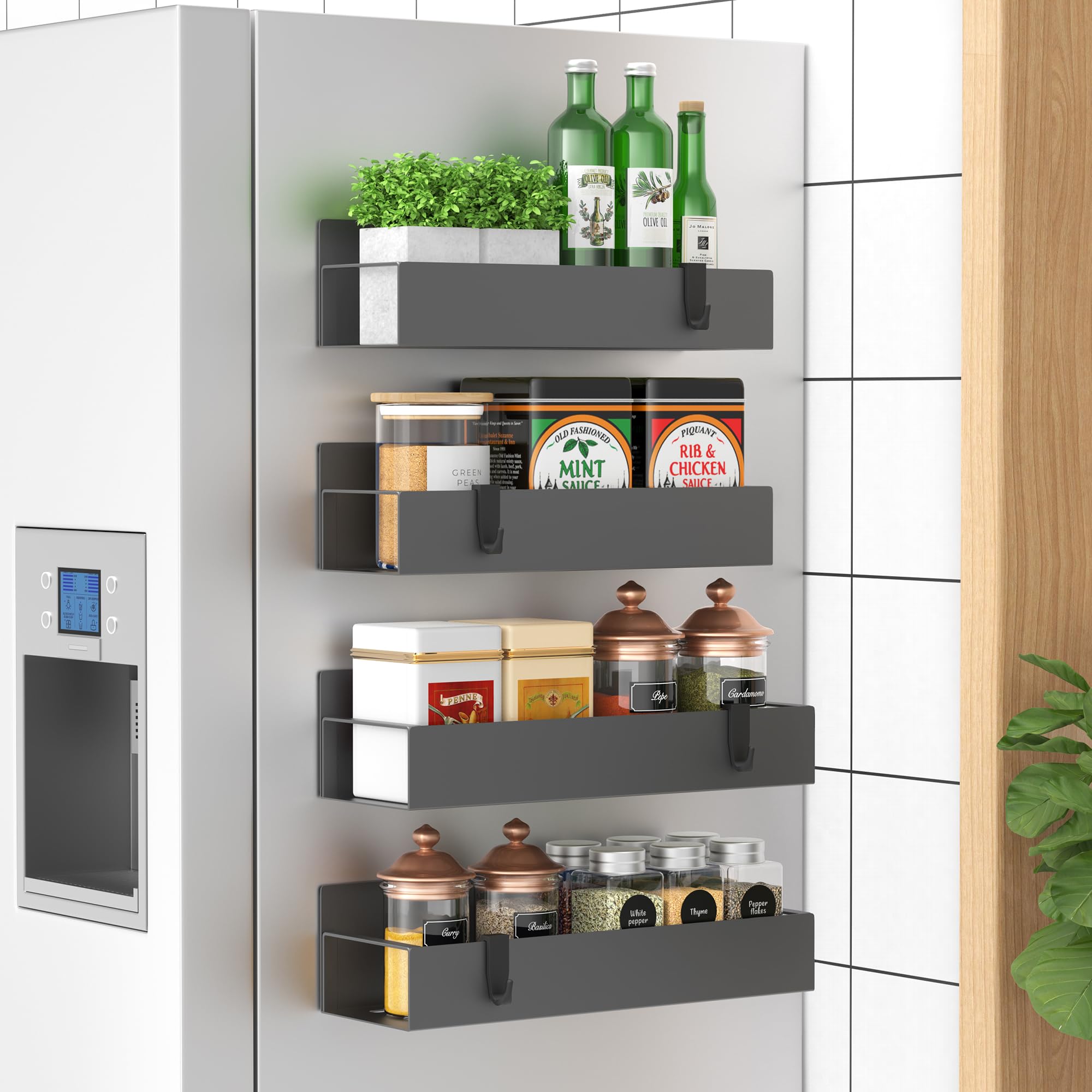 HuggieGems four-pack spice rack with magnetic mount for organized fridge space.