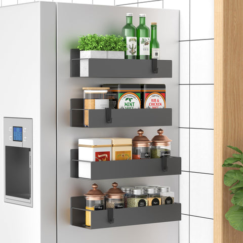 HuggieGems four-pack spice rack with magnetic mount for organized fridge space.