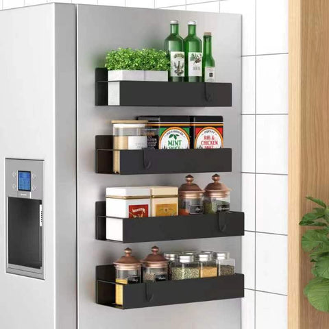 HuggieGems magnetic spice rack on fridge side offers quick access and organized jars.
