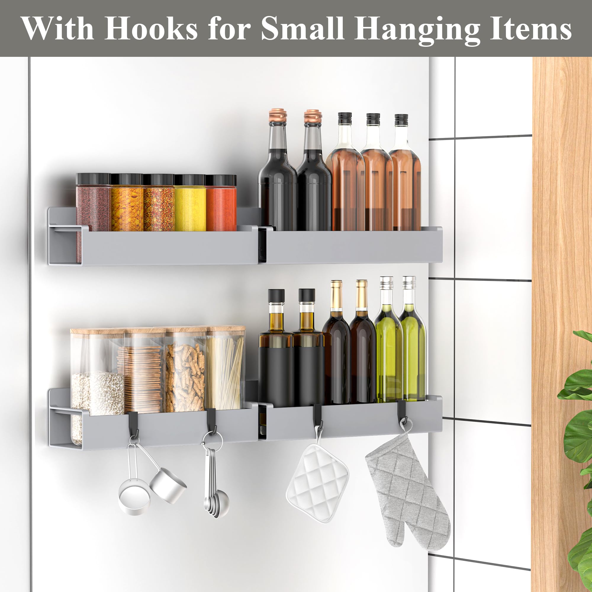 HuggieGems spice rack on fridge door keeps spices within easy reach.