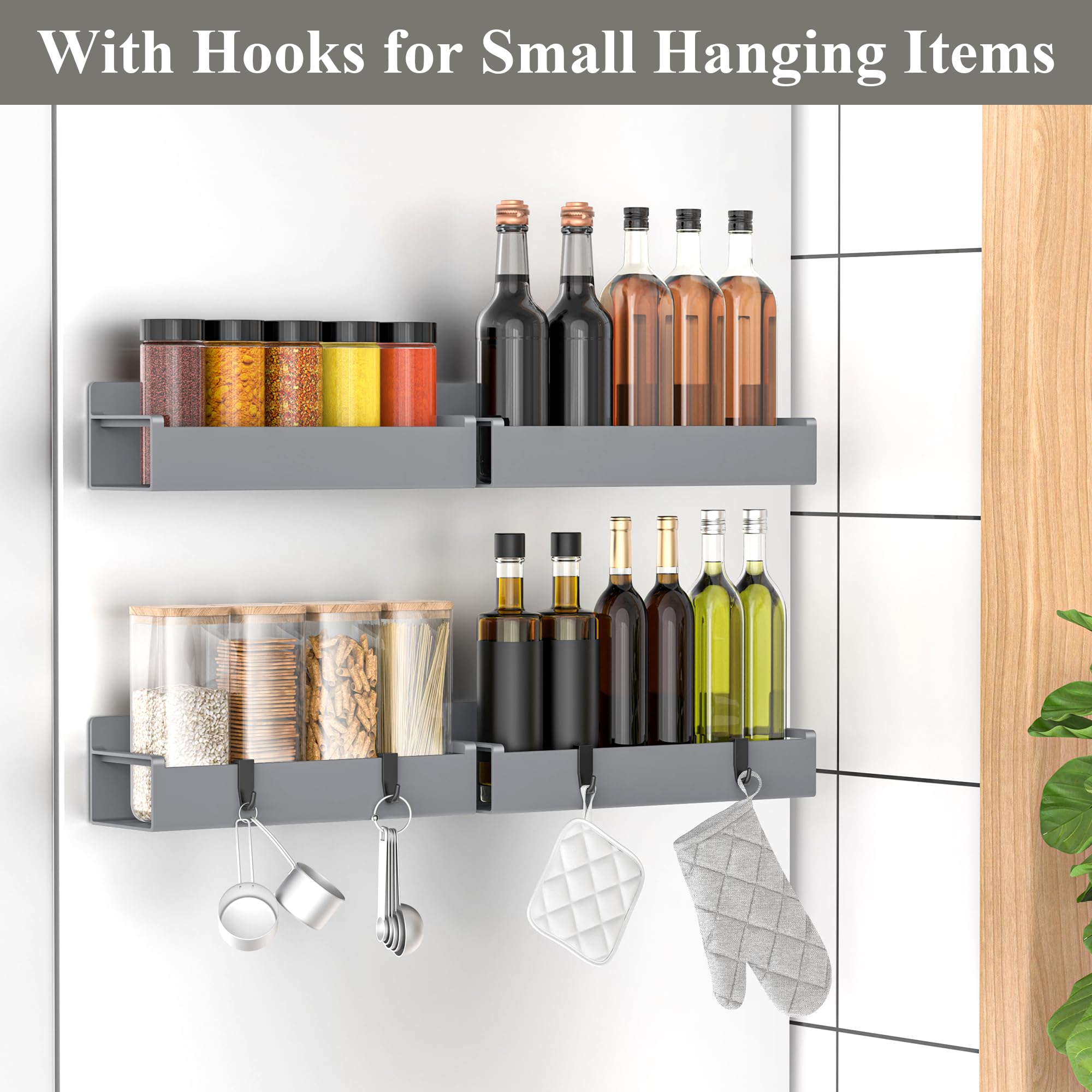 HuggieGems strong magnet keeps spice jars secure on the side of the refrigerator.