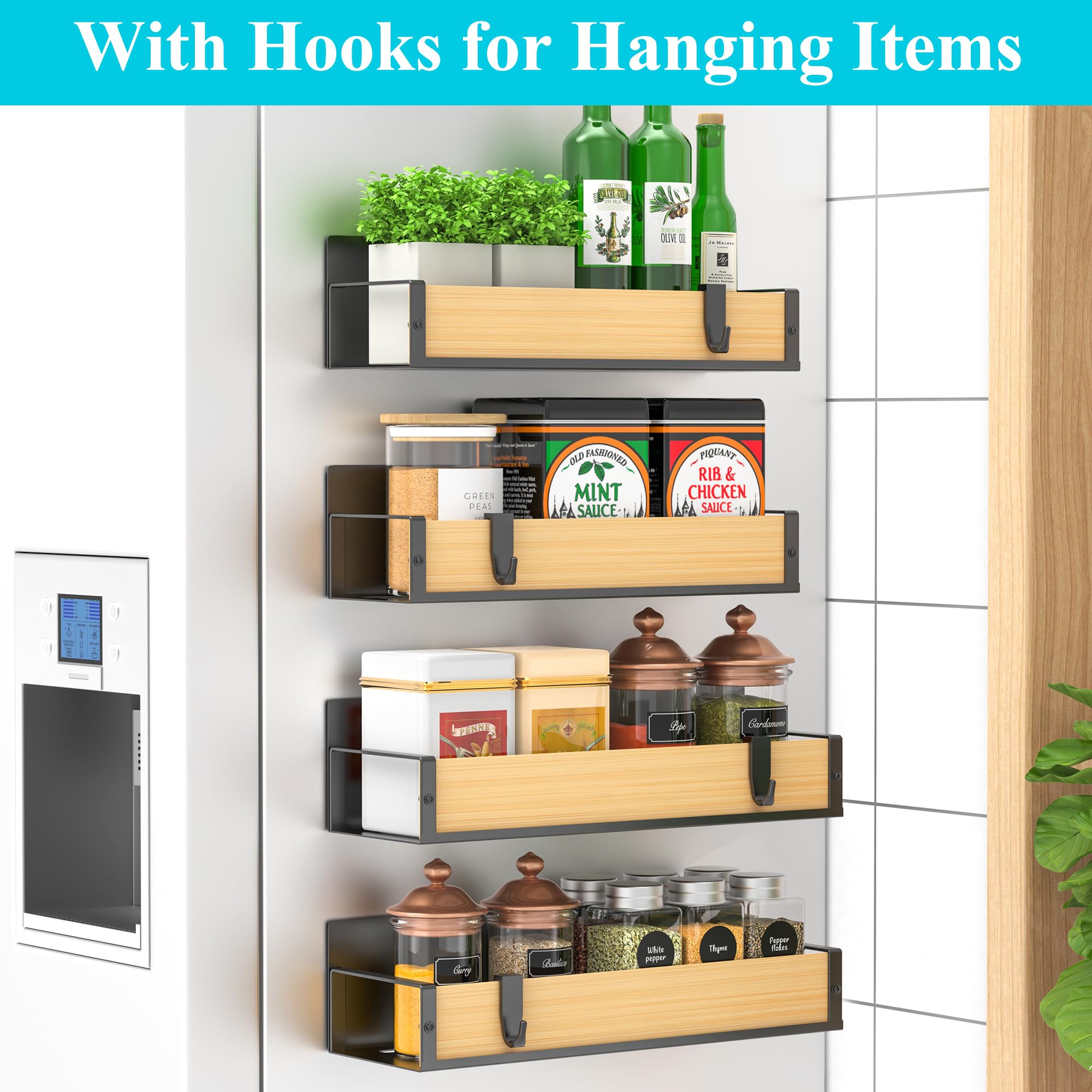 Wood spice rack on fridge door by HuggieGems for organized storage.