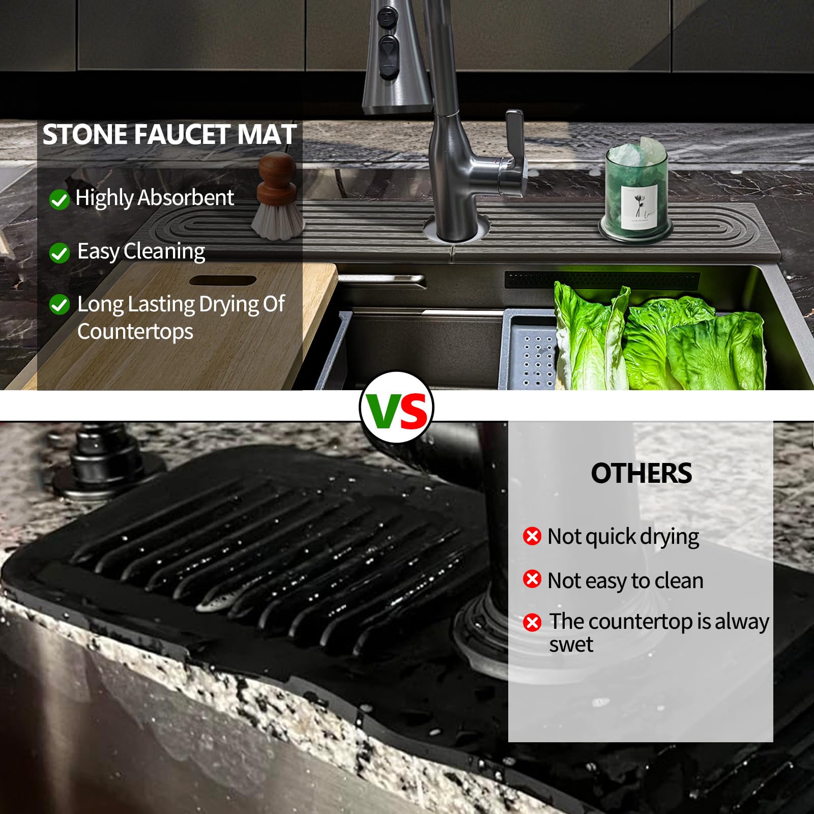 HUHAYUYA Stone Faucet Mat keeps counters dry and tidy after use.