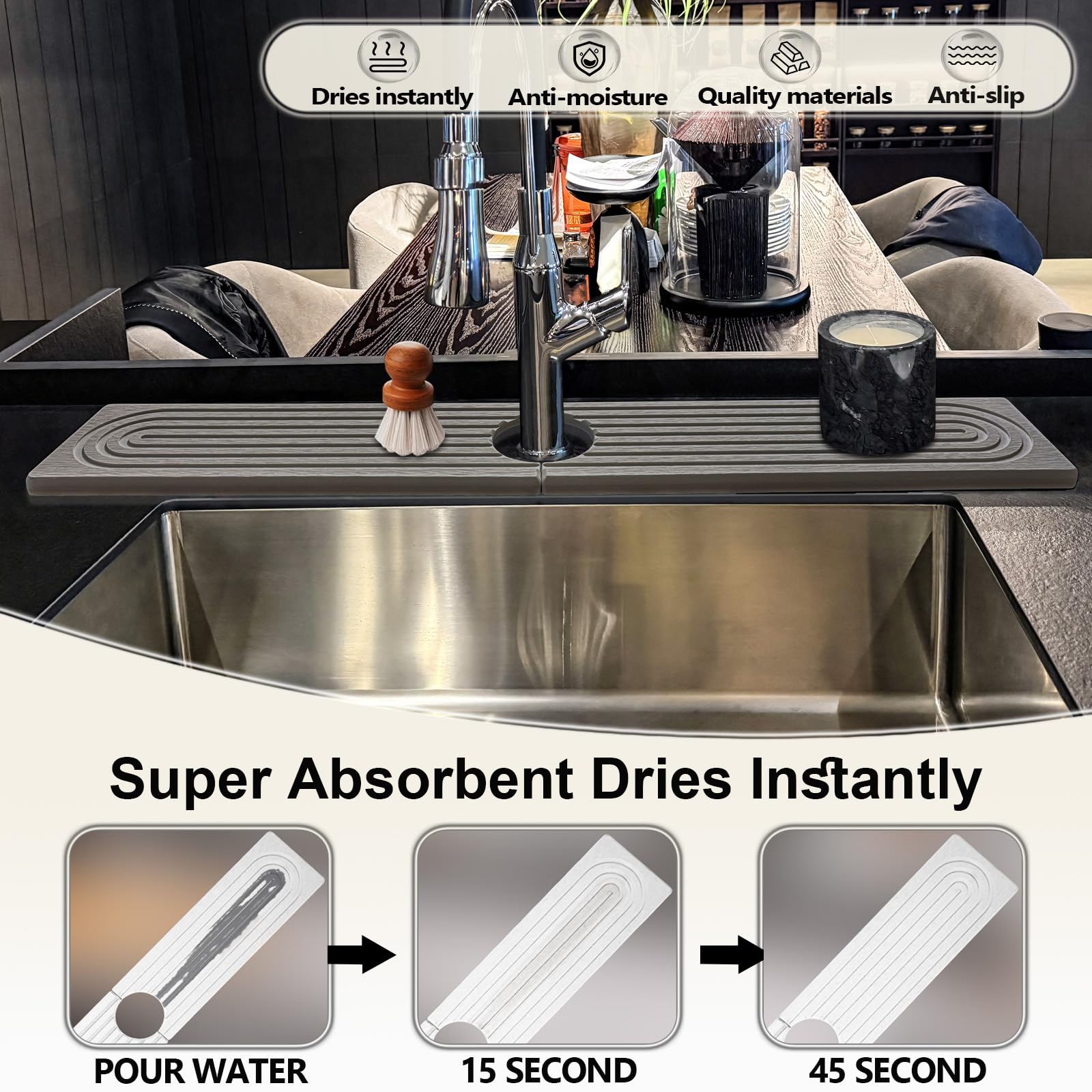 HUHAYUYA Stone Faucet Mat kitchen scene highlights quick-dry capability around the faucet.