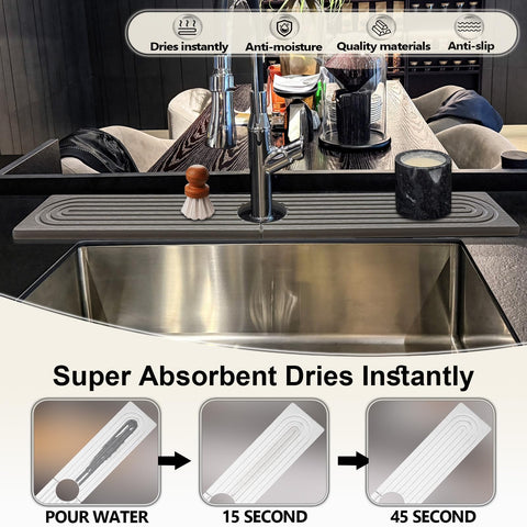 HUHAYUYA Stone Faucet Mat kitchen scene highlights quick-dry capability around the faucet.