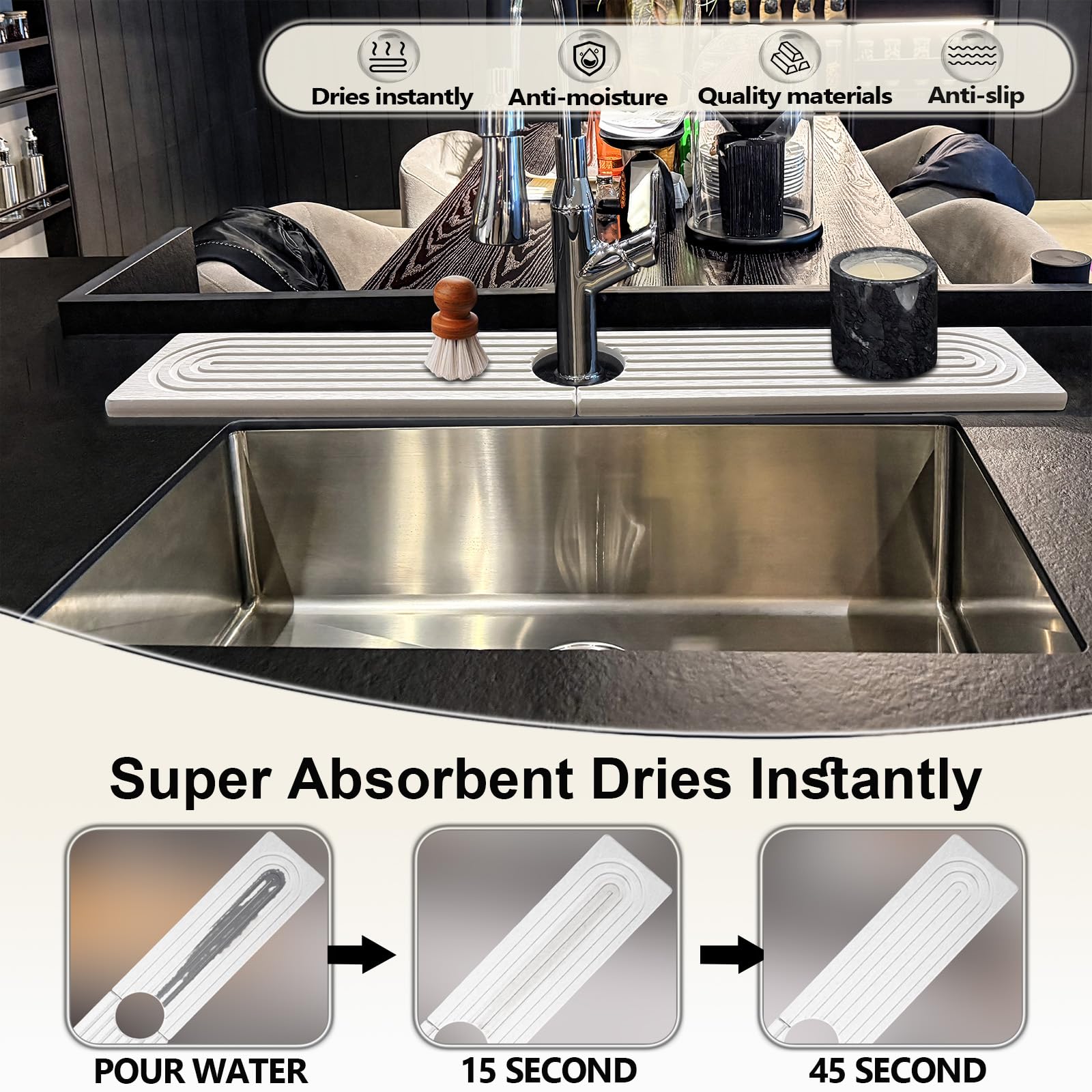 HUHAYUYA Stone Faucet Mat splash-guard around faucet preserves a dry countertop.