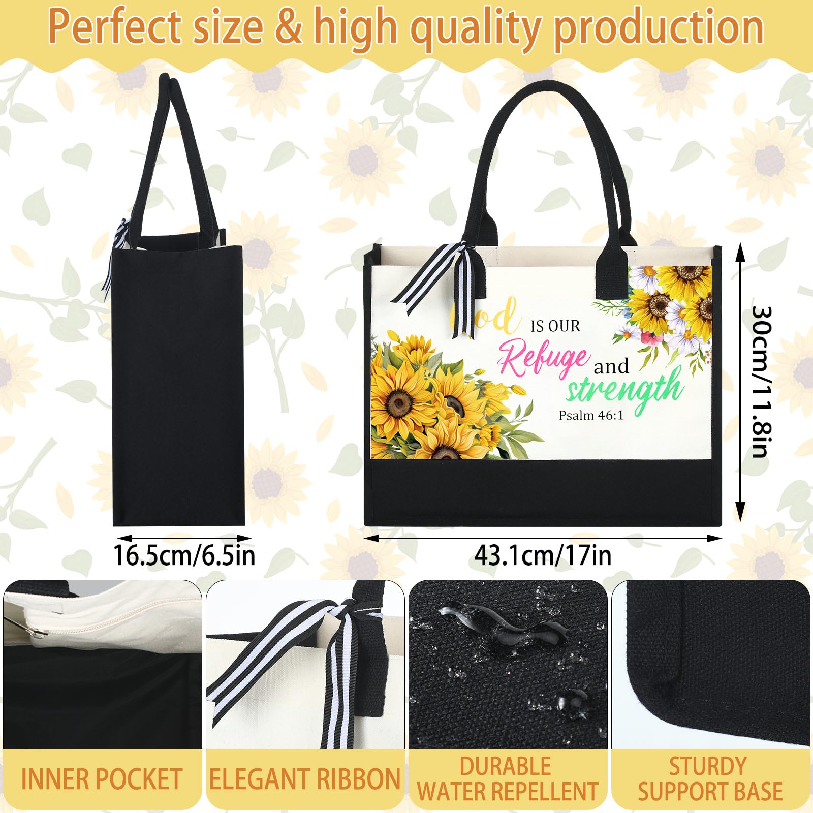 Huhumy black canvas tote with ribbon detail for church events and daily use