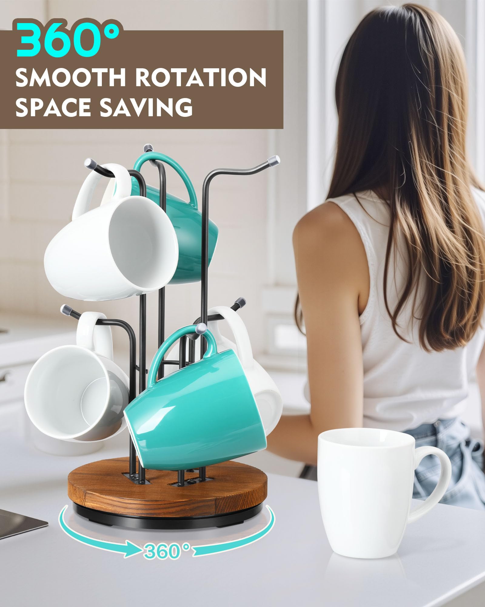 HULISEN mug tree rotates smoothly for easy reach of mugs.