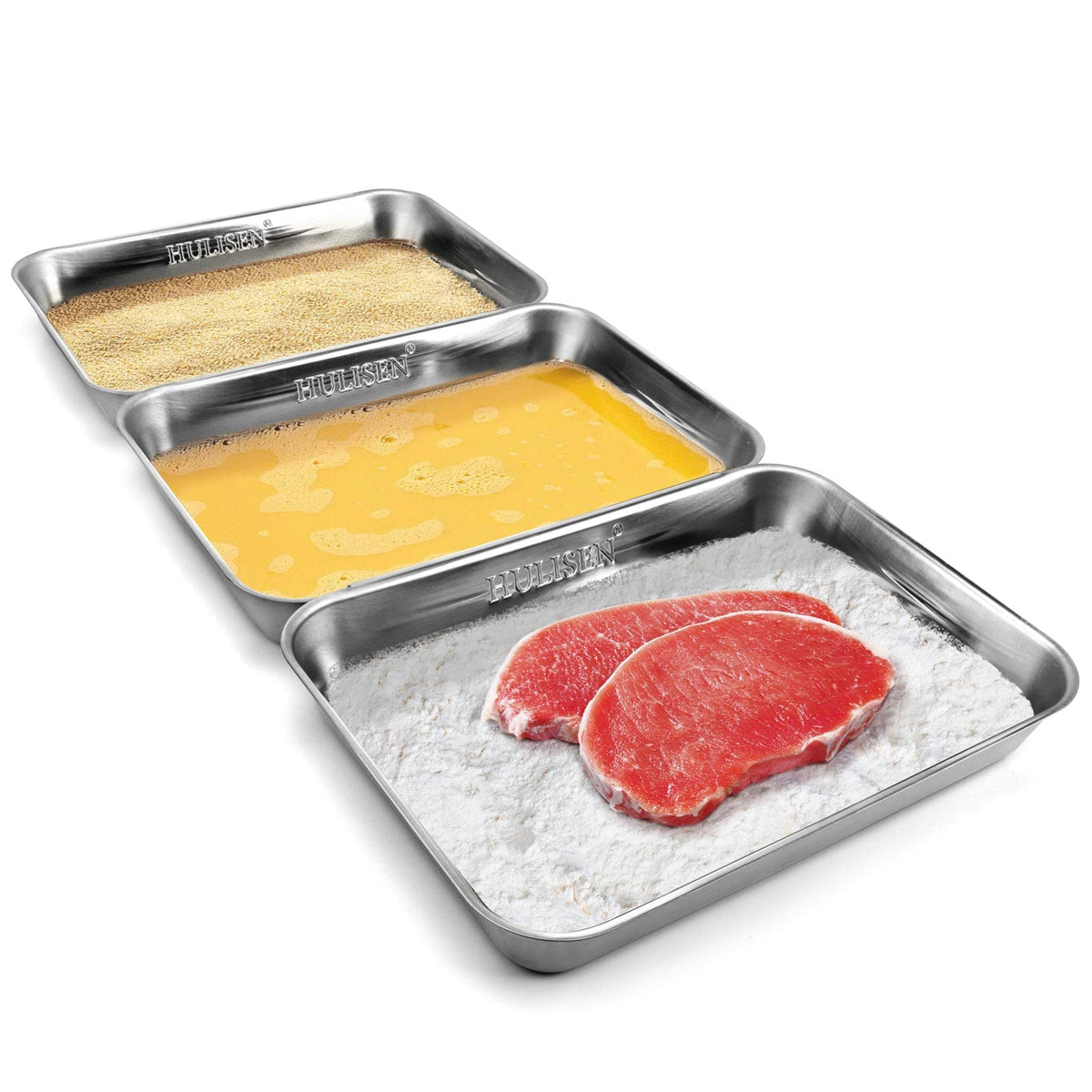 HULISEN breading trays show interlocking design for mess-free prep.
