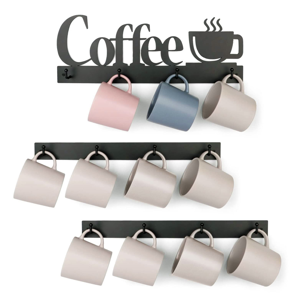 HULISEN three-tier wall mug rack keeps cups organized and reachable.