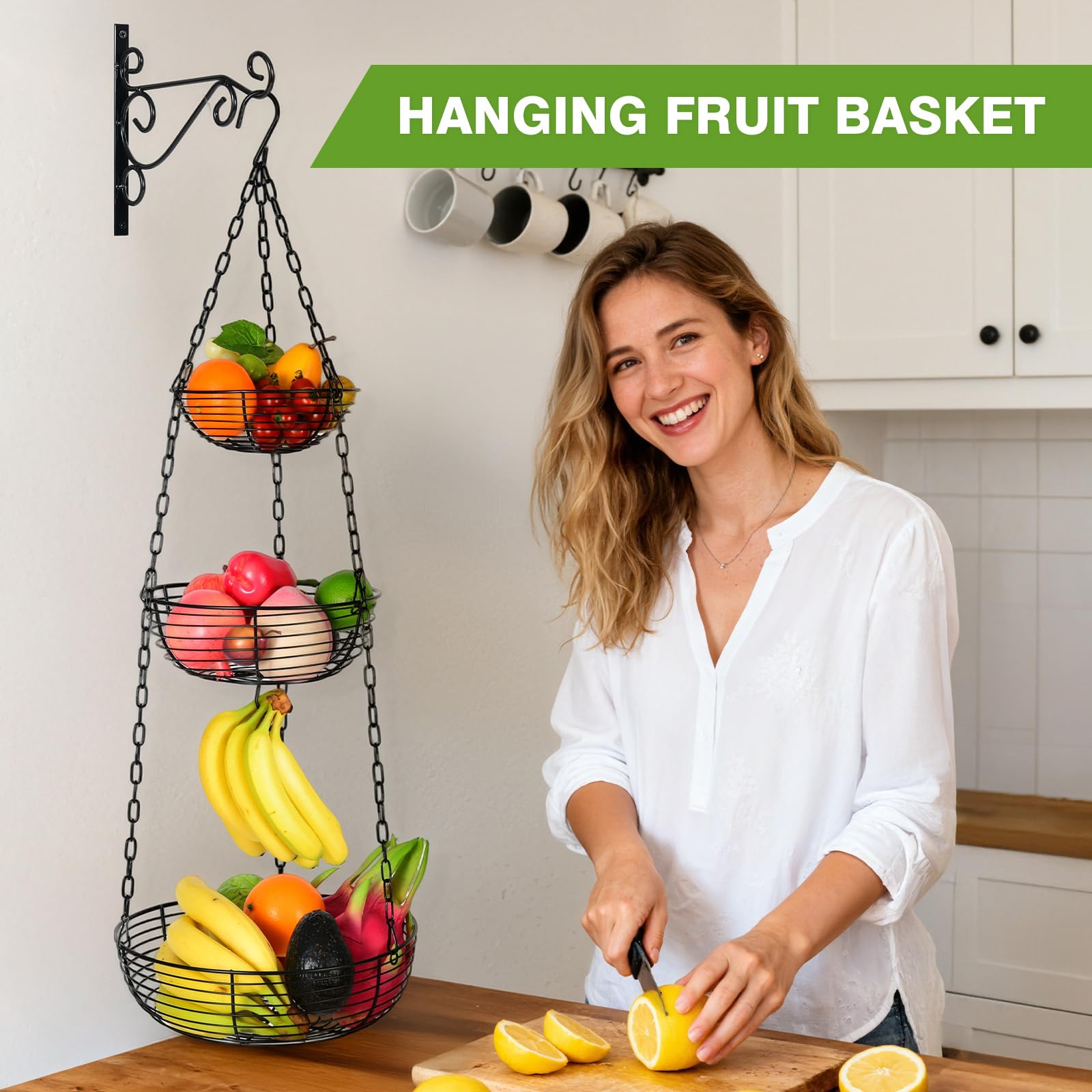 HULISEN hanging fruit basket with banana hook enabling natural banana ripening