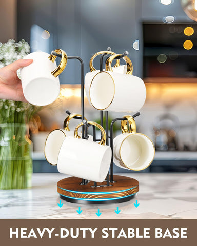 HULISEN mug tree with six hooks keeps cups organized and accessible.