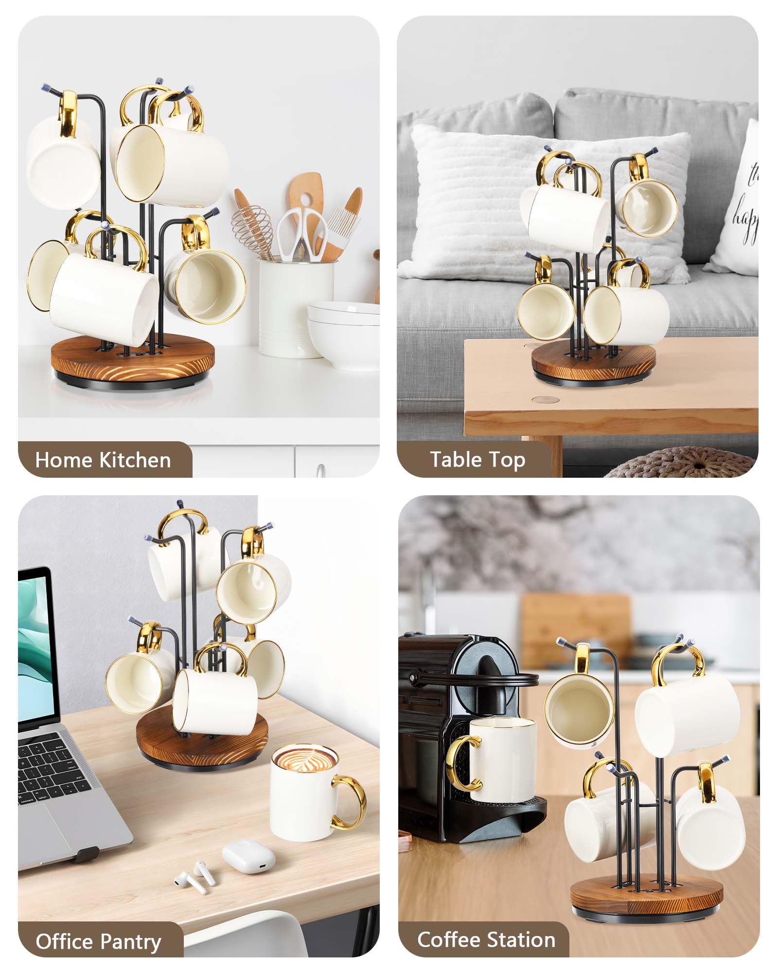 HULISEN mug tree six-hook stand stays put with non-slip pads.