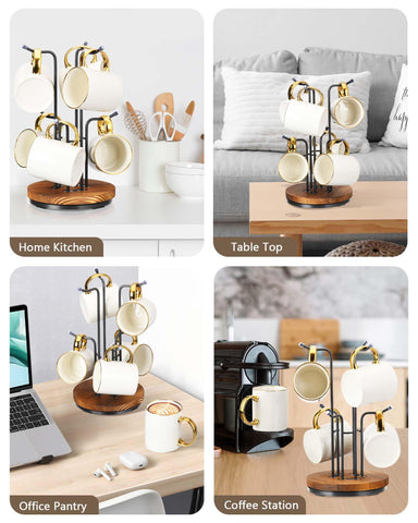 HULISEN mug tree six-hook stand stays put with non-slip pads.