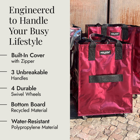 HULKEN rolling tote with zipper closure keeps contents secure during commutes.
