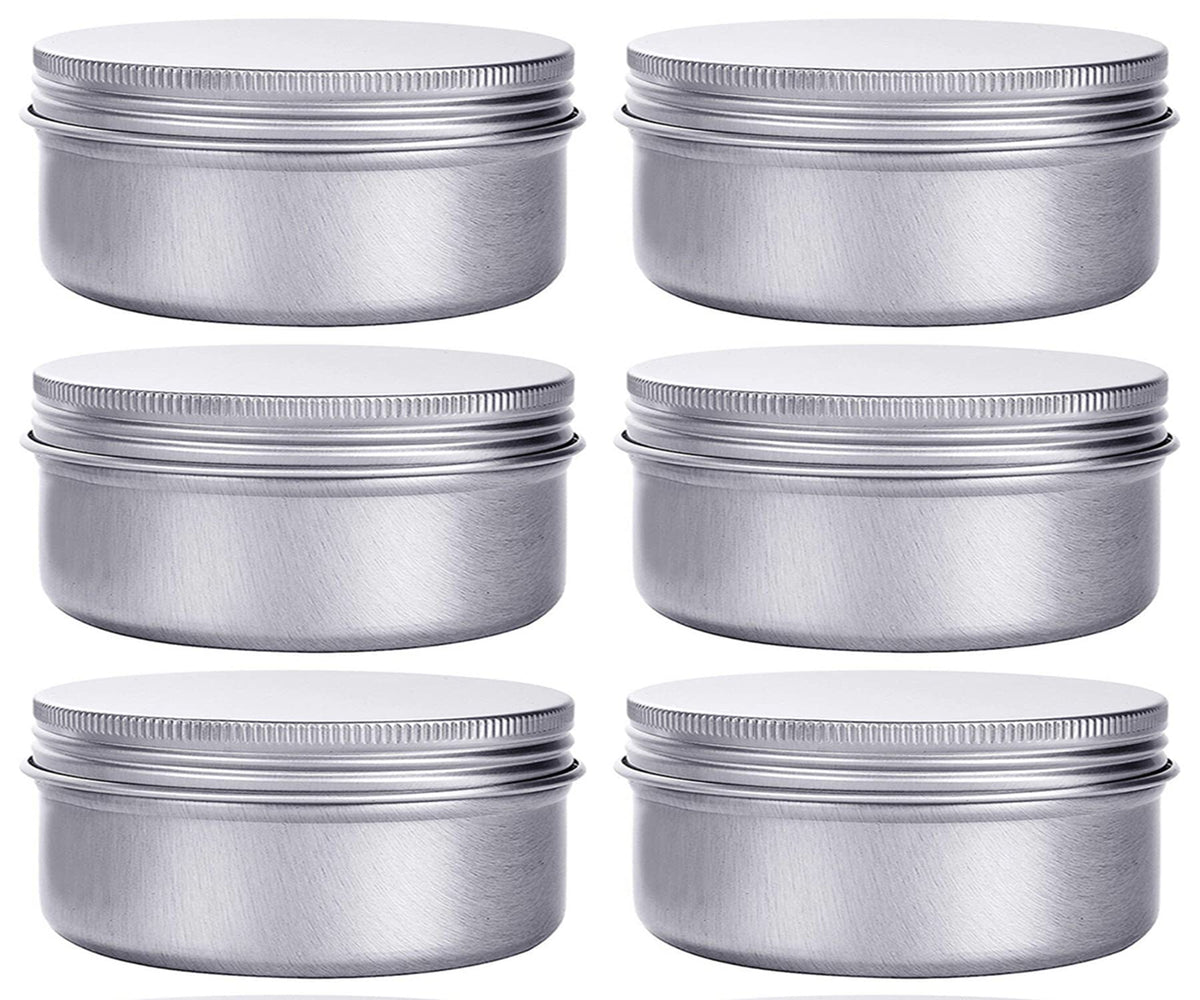 Hulless 6-ounce aluminum tin with screw lid, leakproof for spices.
