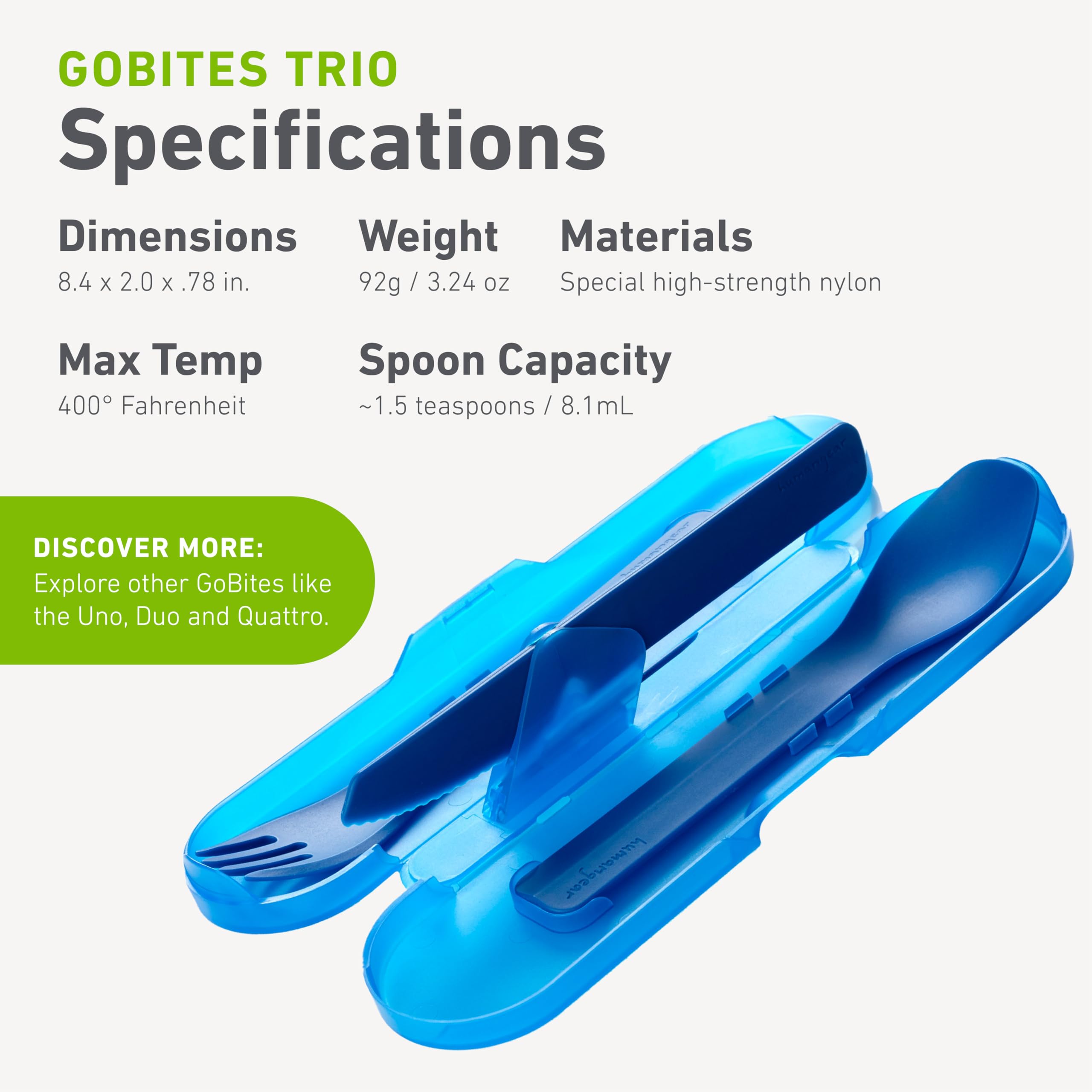 humangear GoBites Trio toothpick included for quick spinach removal.