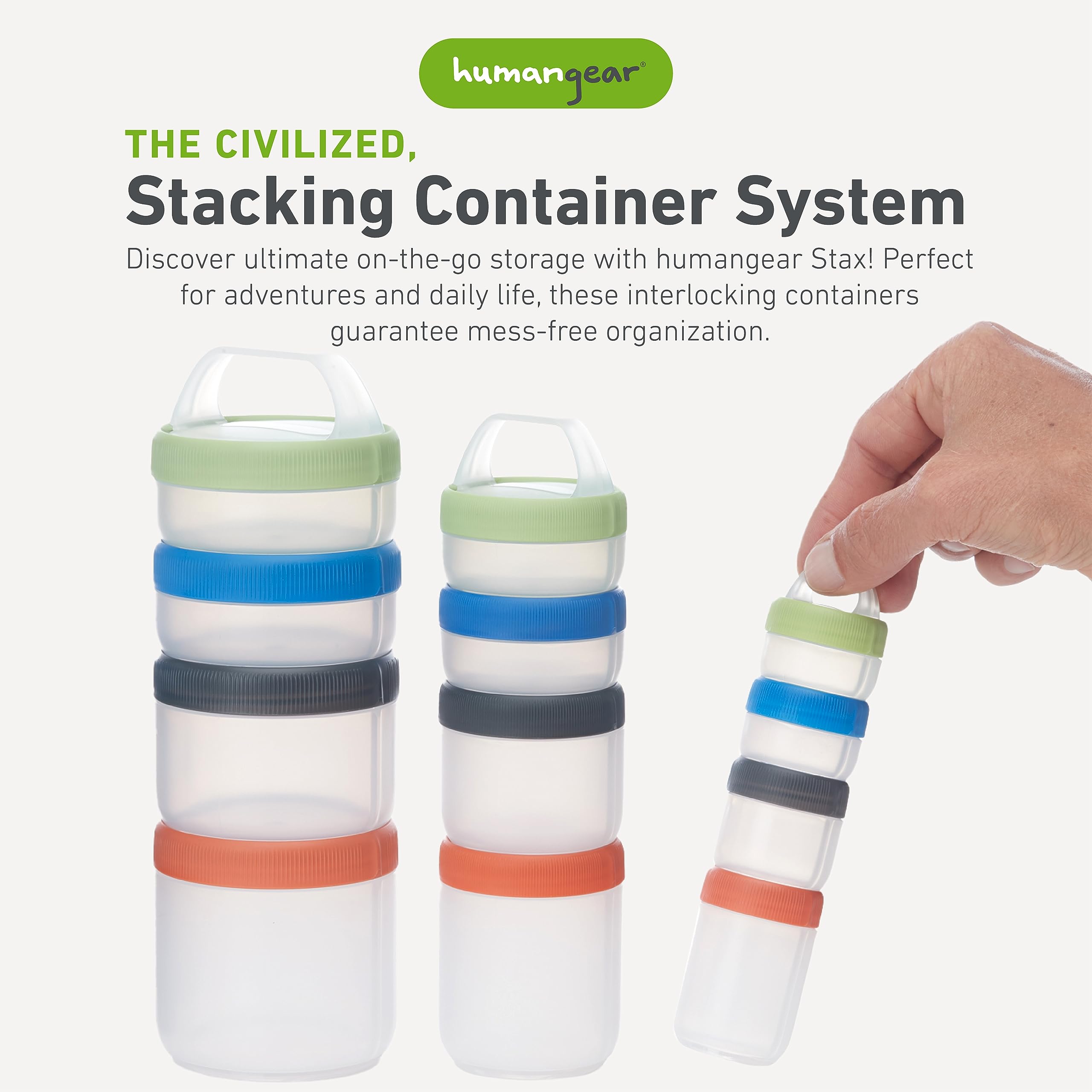 Humangear STAX 4-piece stack system keeps snacks organized during travel.