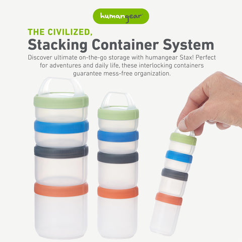 Humangear STAX leak-proof container keeps snacks secure during travel.
