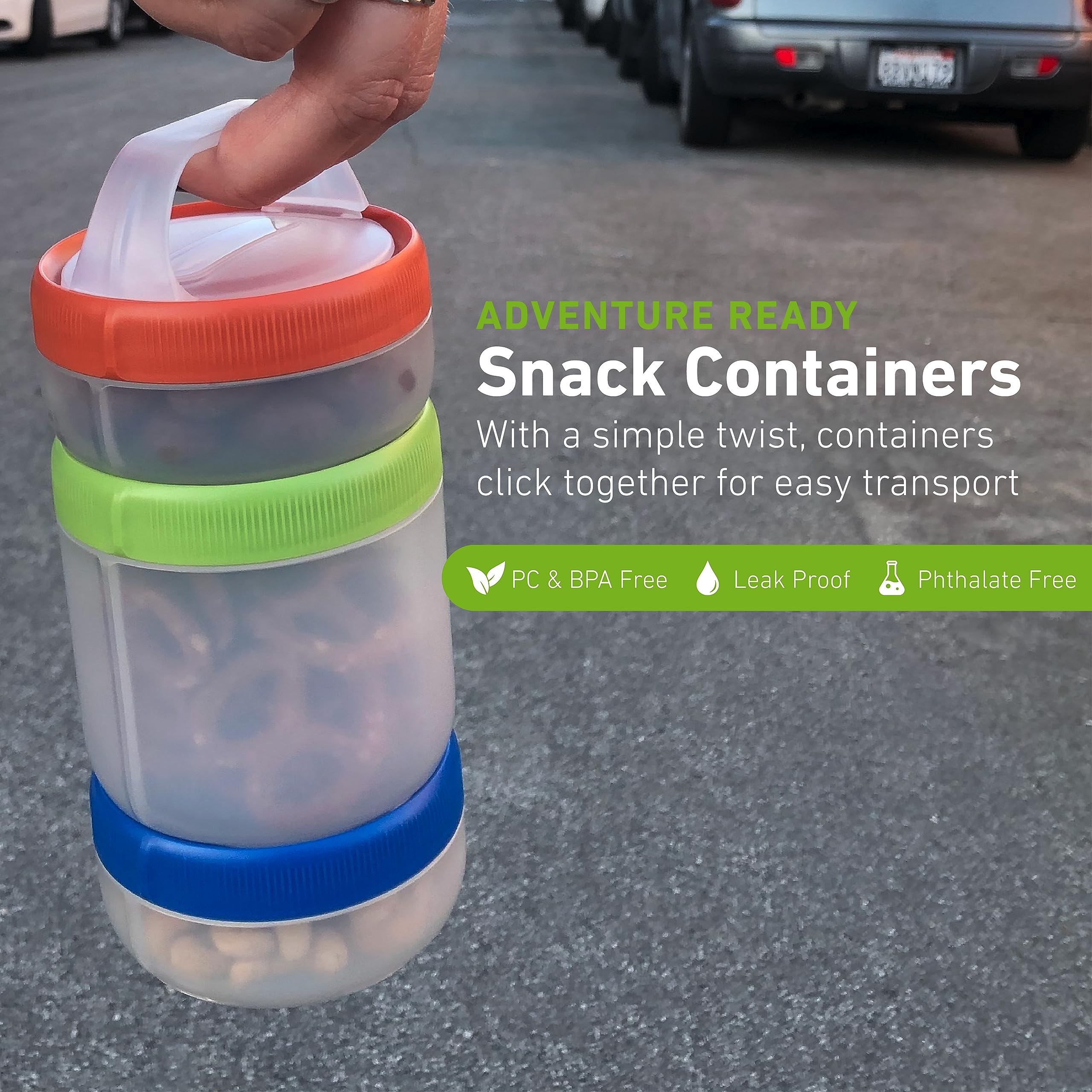 Humangear STAX leak-proof lids prevent spills during transit.