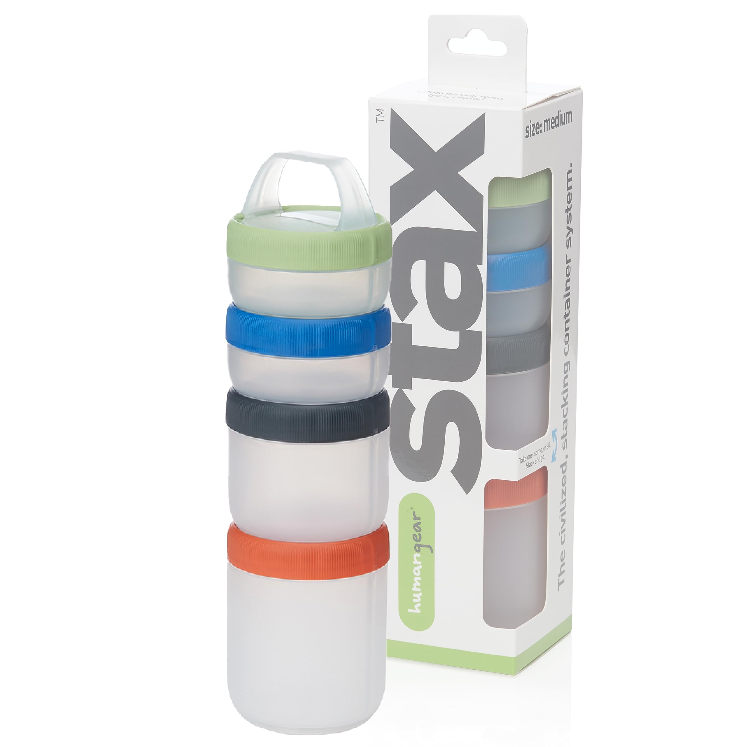Humangear STAX stackable snack containers 4-piece set for organized, on-the-go snacking.