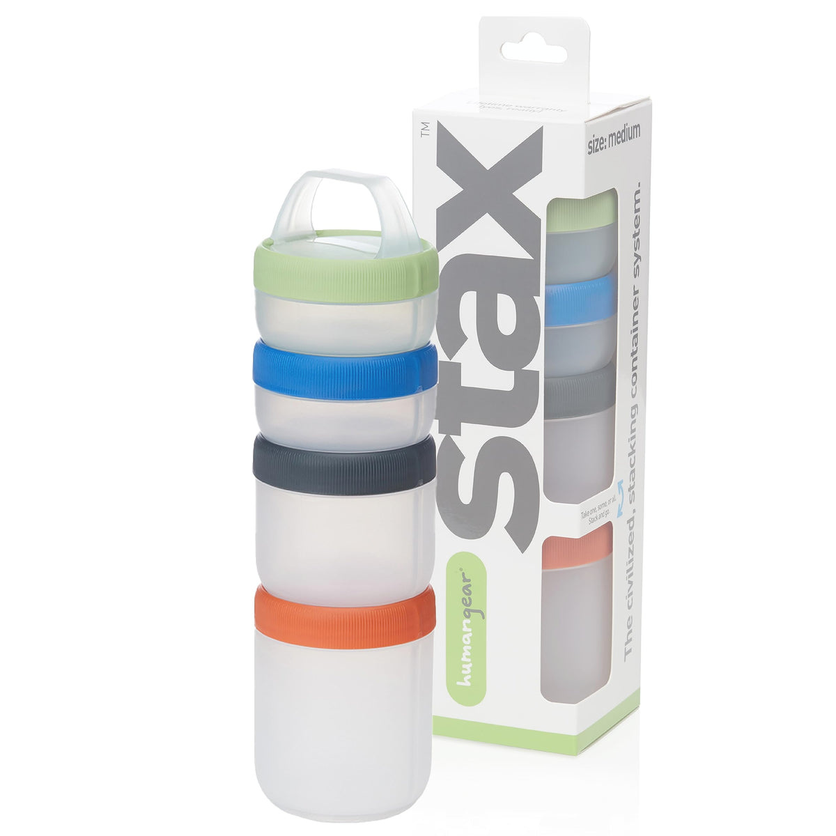 Humangear STAX stackable snack containers 4-piece set for organized, on-the-go snacking.