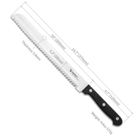 Humbee full-tang bread knife offers balanced control during slicing.