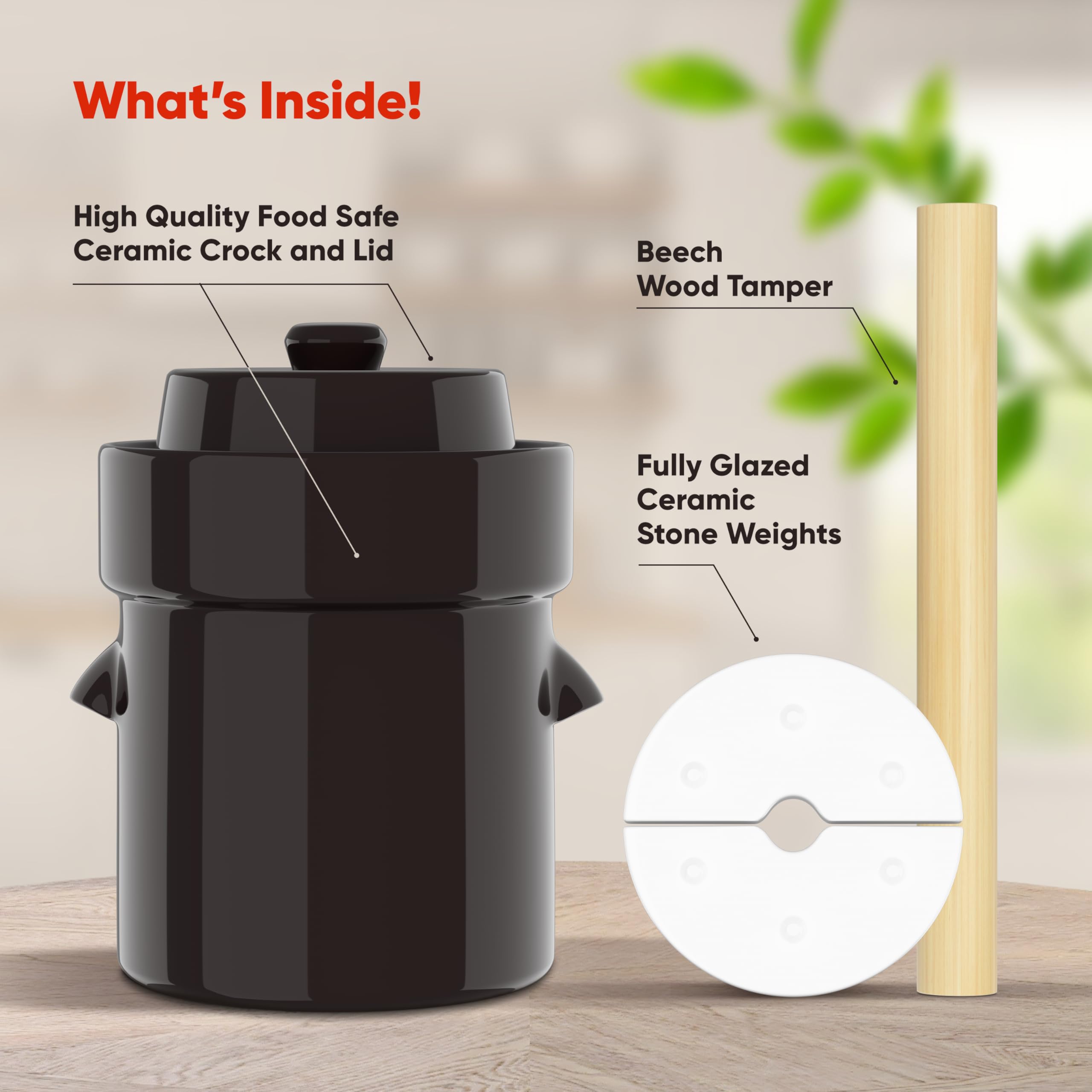 Wood pounder tamper packs vegetables for even brine distribution in Humble House crock