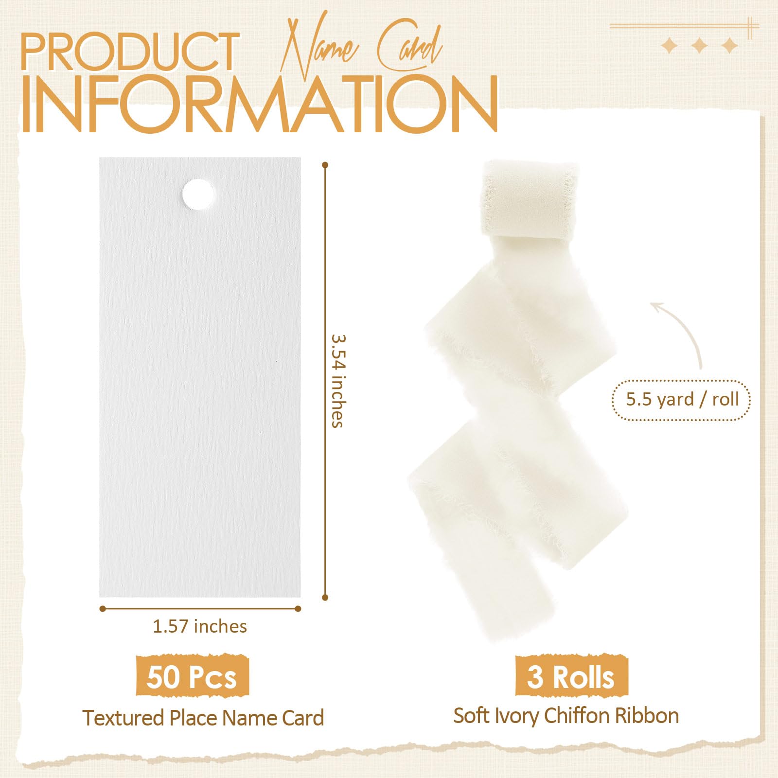 Humyoun ivory cards with chiffon ribbon enhancing table decor.