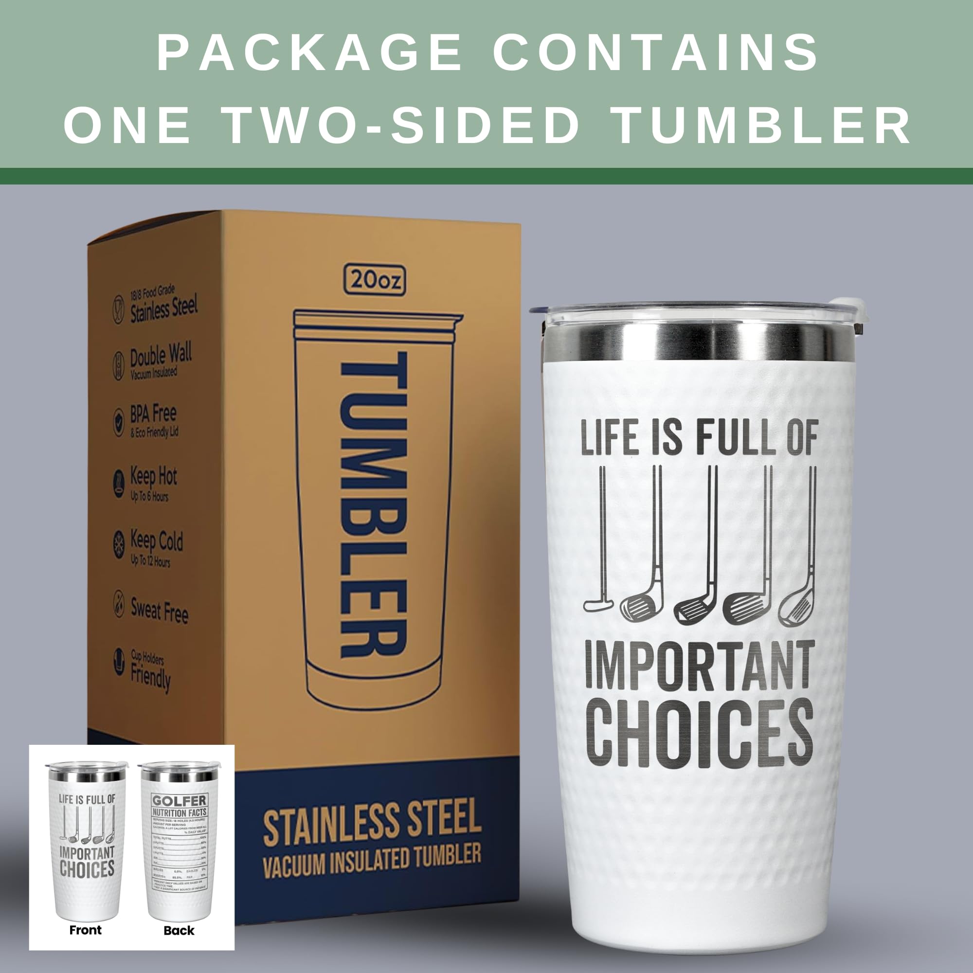 HUNIGIFT golf tumbler with clear lid shown, spill-proof for travel and bag-side sipping.