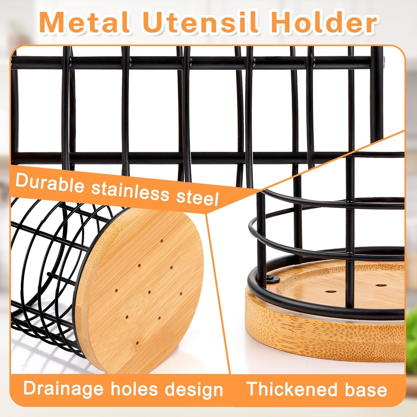 Hunnycook bamboo base with drainage holes keeps utensils dry