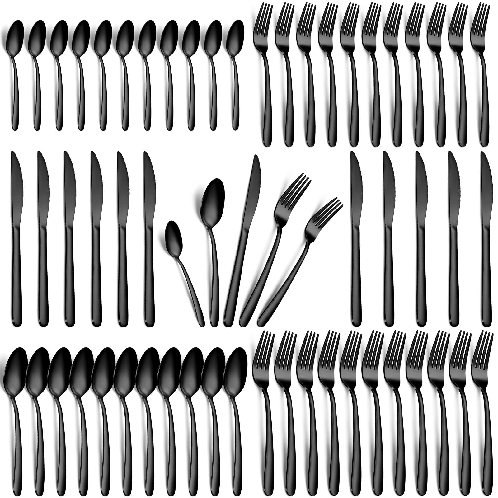 Hunnycook 60-piece black silverware set arranged on table for family dining and entertaining
