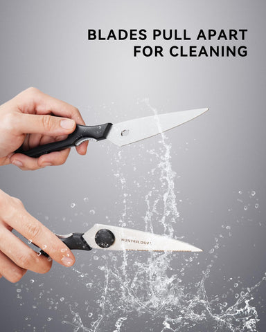HUNTER.DUAL poultry shears come-apart design demonstrated for quick disassembly