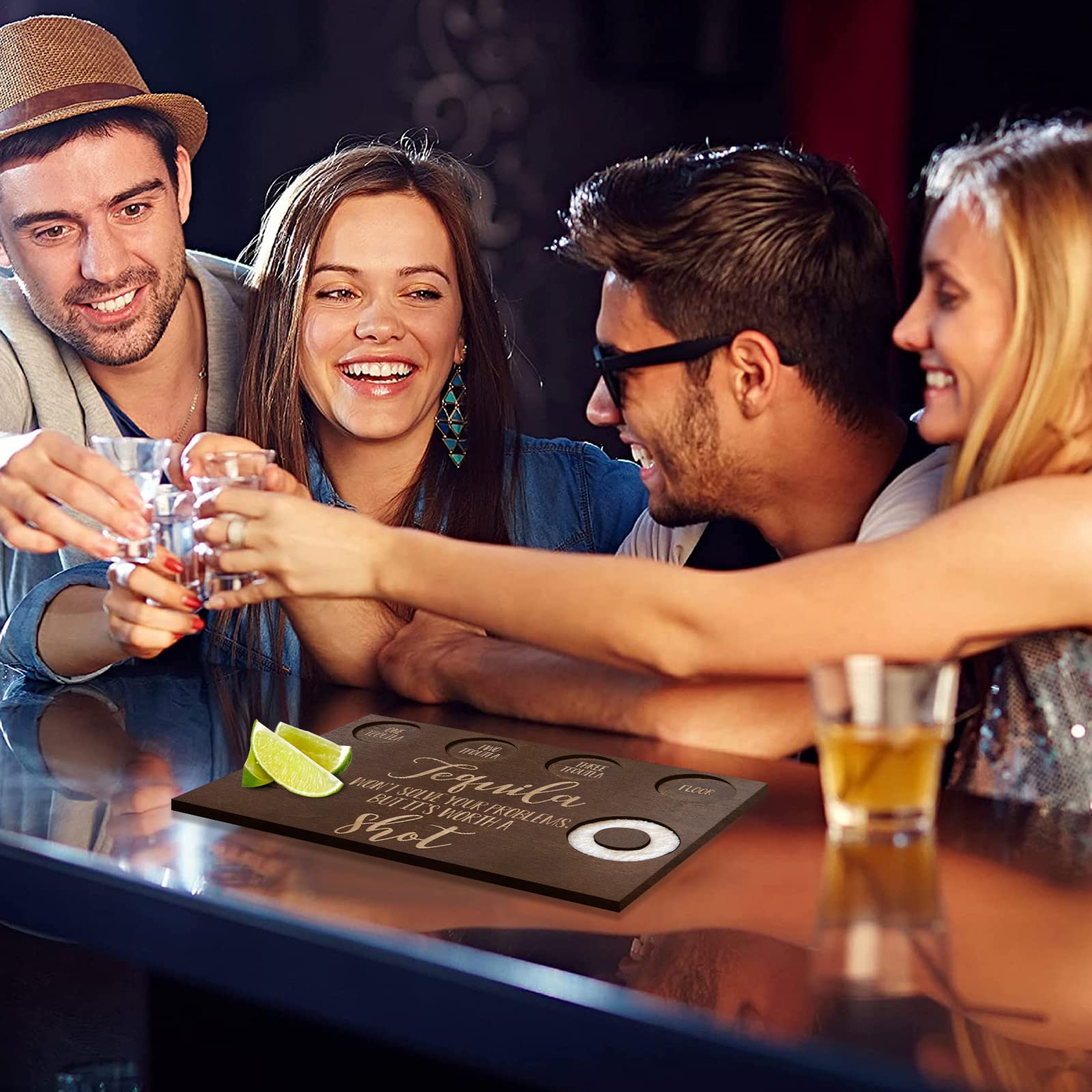 Huray Rayho rustic wooden tray with salt rim elevates party tequila shots.