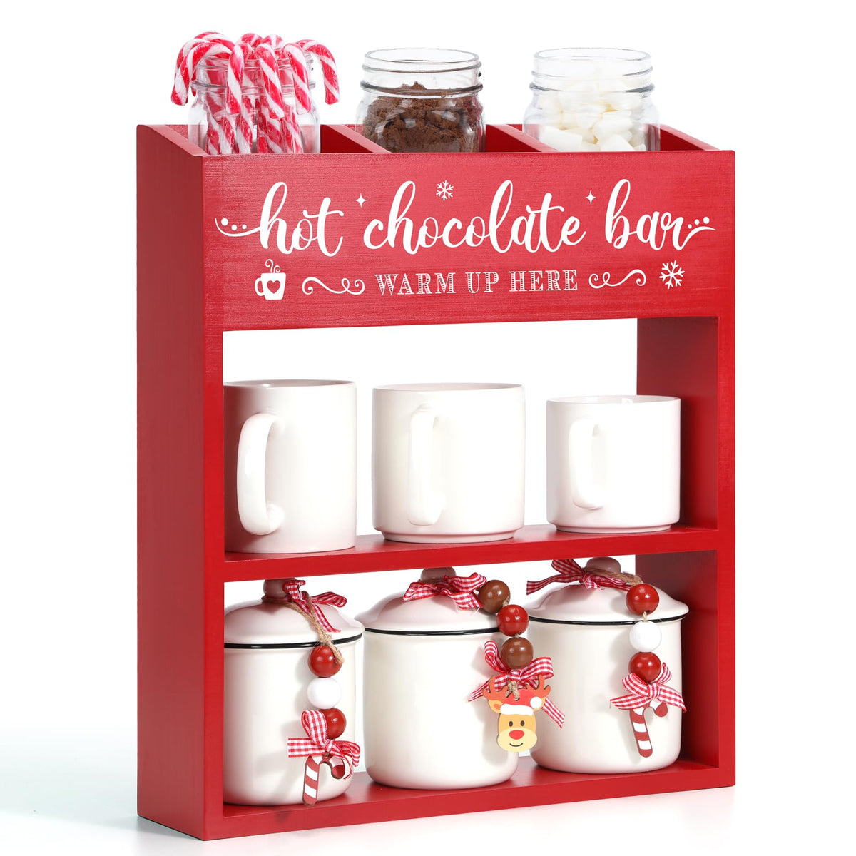 Huray Rayho wooden hot chocolate bar organizer, front view showing organized cocoa station.