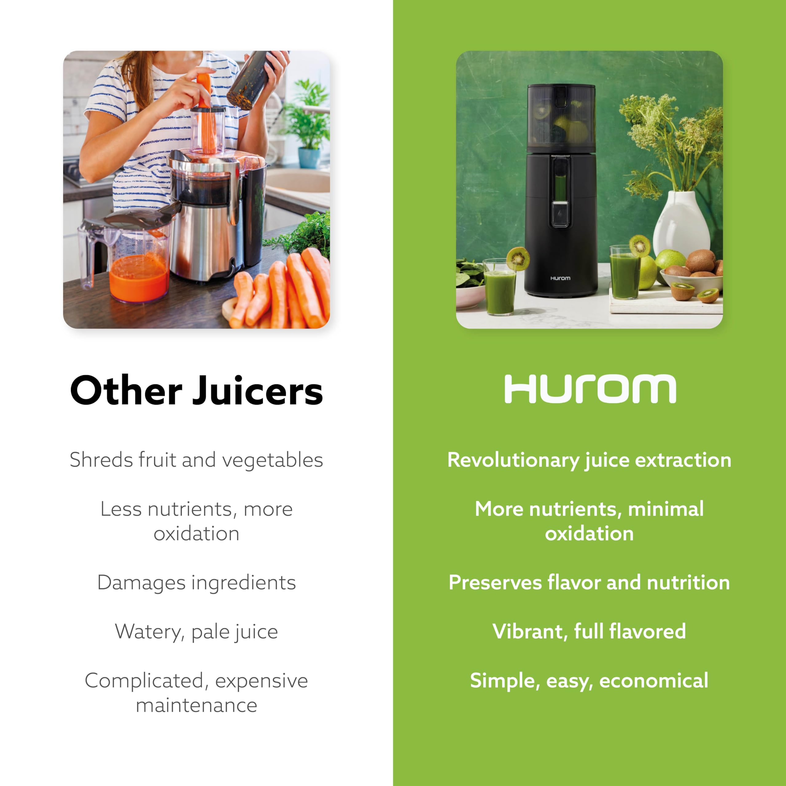 Hurom H400 self-feeding hopper speeds juicing by adding ingredients mid-run