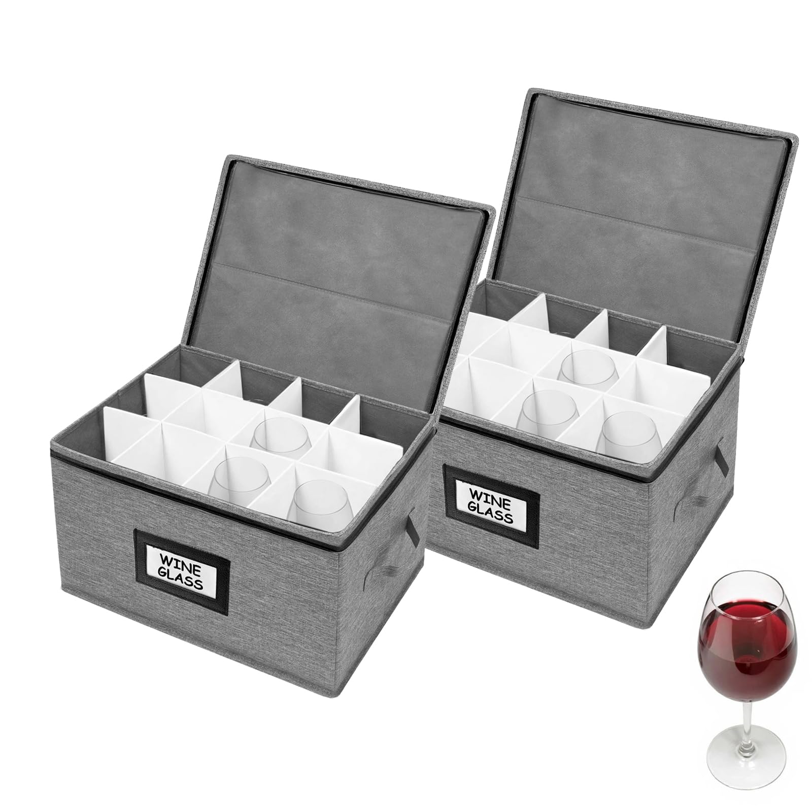 HURZMORO wine glass storage box with dividers protecting 12 glasses during storage