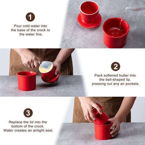 Husfunov red butter crock is dishwasher-safe for quick care.