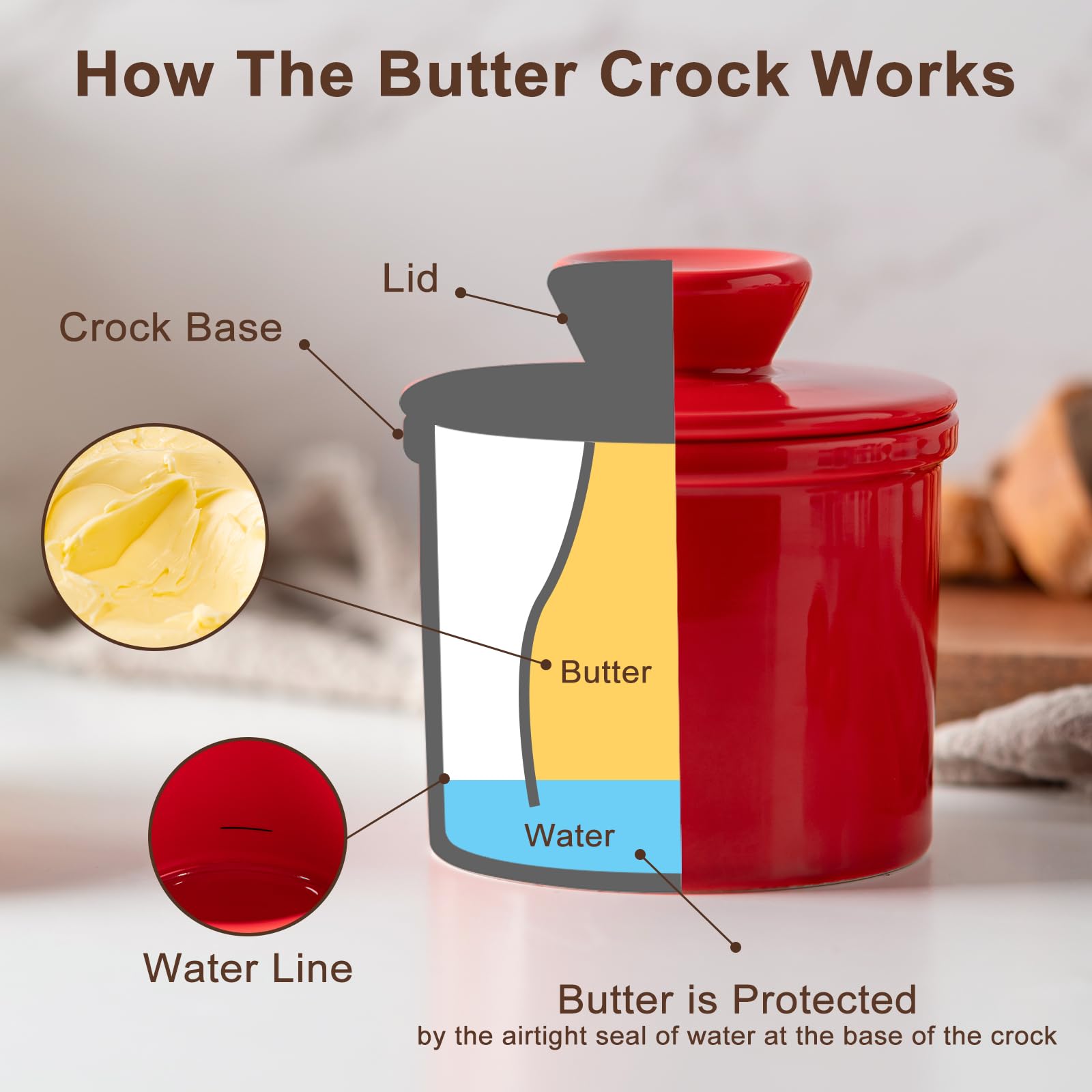 Husfunov red butter crock cleans easily with a soft cloth.