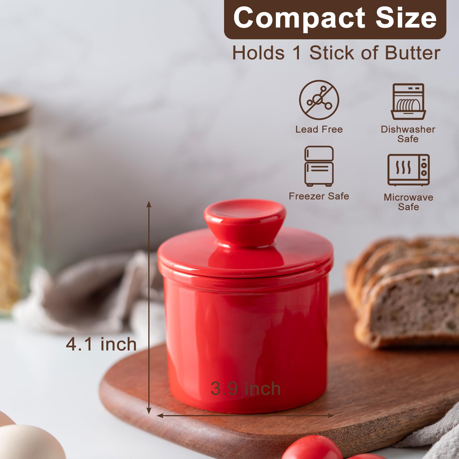Husfunov butter crock on display adds color to kitchen.