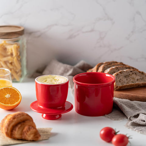 Husfunov Butter Crock red lid closeup demonstrates airtight seal preserving freshness.