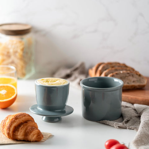 Husfunov ceramic butter keeper on countertop with lid for soft butter