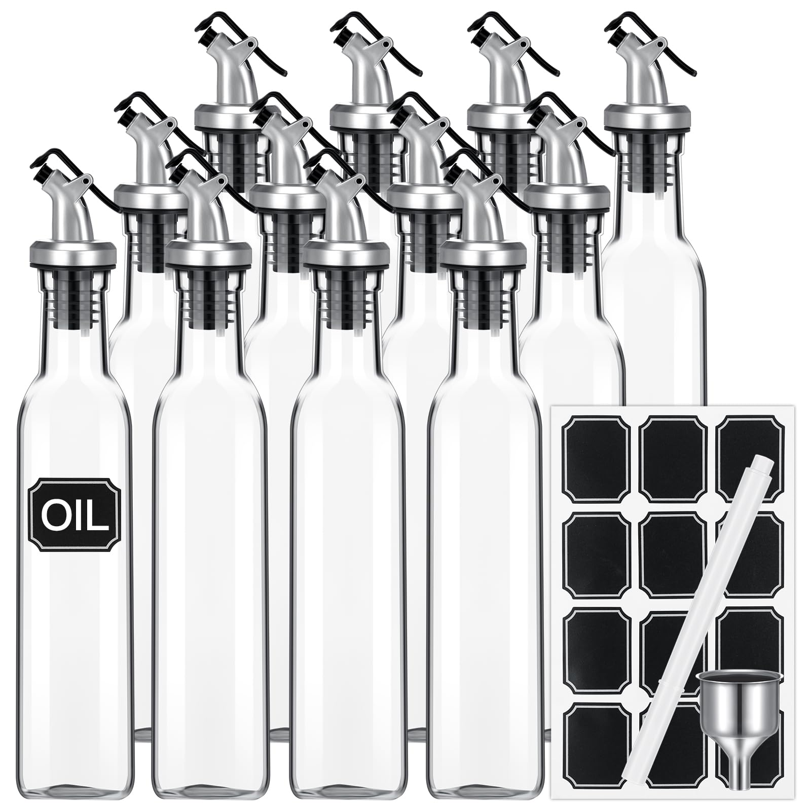Hushee 12-piece clear glass dispenser set keeps oils organized on the kitchen shelf.