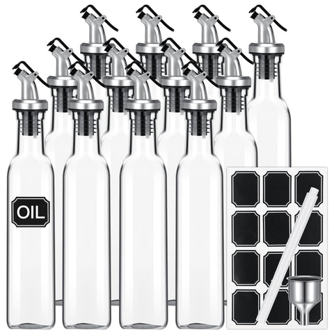 Hushee 12-piece clear glass dispenser set keeps oils organized on the kitchen shelf.
